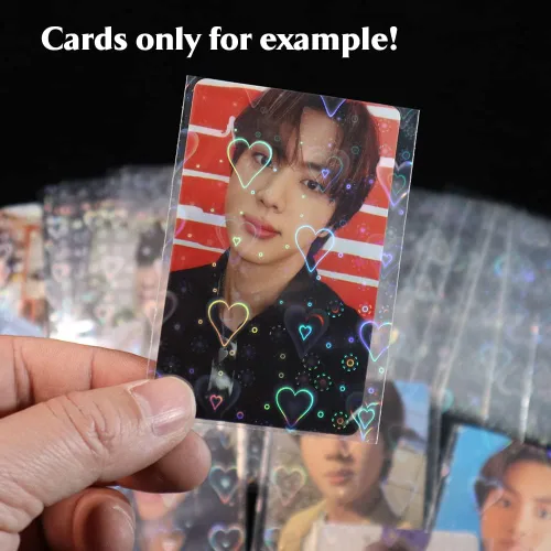 Vista 2 de 100 fundas holográficas con forma de corazón dulce, lindo protector de tarjeta Holo brillante para Kpop Idol/TCG/CCG tamaño estándar/cubierta