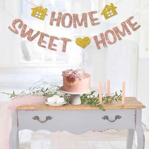 Vista 3 de Home Sweet Home Banner – Suministros para fiestas de bienvenida a casa – Decoración de fiesta de inauguración de la casa – Purpurina de oro rosa