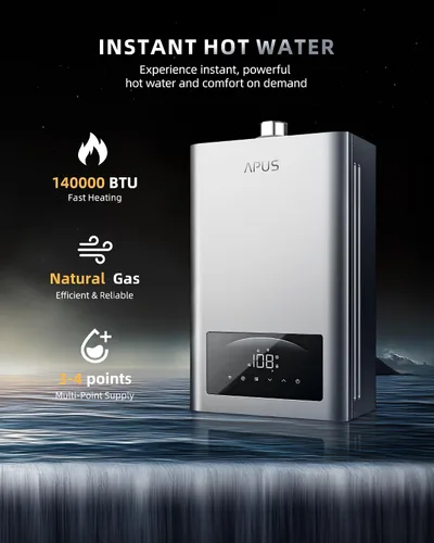 Vista 2 de APUS Calentador de agua sin depósito de gas natural 140,000 BTU para instalación en interiores hasta 6.8 GPM, agua fría cero para agua caliente