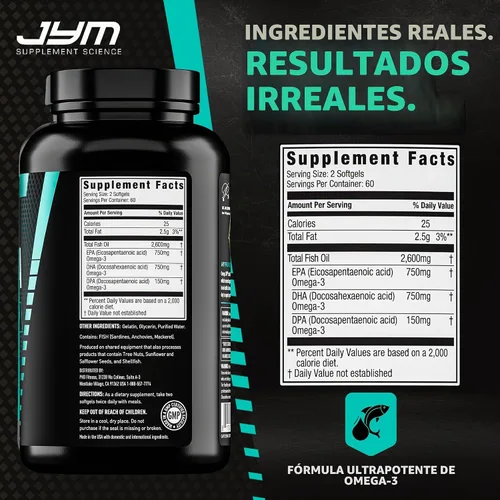 Vista 4 de JYM Supplement Science Aceite de Pescado Omega JYM 2800mg, Omega 3 de Alta Potencia, EPA, DHA, DPA para Soporte del Cerebro, Corazón