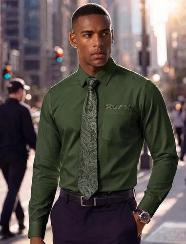 Vista 3 de HISDERN Mens Dress Shirt with Tie Pocket Square Set Classic Button Down Shirt Matching Tie Long Sleeve Shirts 08-verde