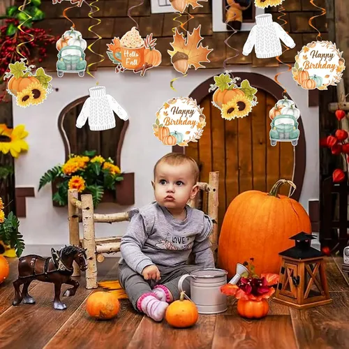Vista 5 de Decoraciones de fiesta de calabaza pequeña, pancarta de feliz cumpleaños de Acción de Gracias y decoraciones de remolinos colgantes para fiesta