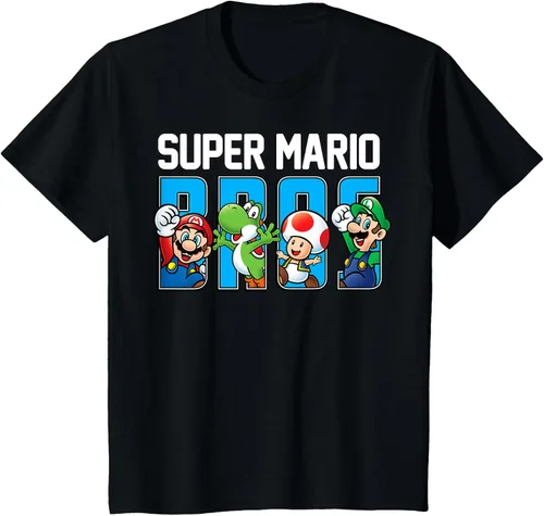 Vista 39 de Super Mario Bros Characters Letter Fill Graphic T-Shirt Camiseta, Negro