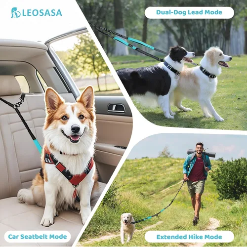 Vista 7 de Correa doble para perro, divisor sin enredos para dos perros, acoplador con cuerda de plomo larga ajustable, asas de control dual, elástico