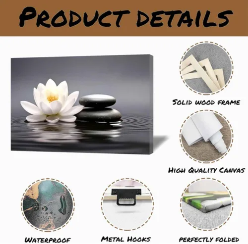 Vista 6 de QIXIANG Arte de pared Zen con piedras negras y flores de loto blanco, impresiones sobre lienzo para yoga, spa, meditación, decoración de baño