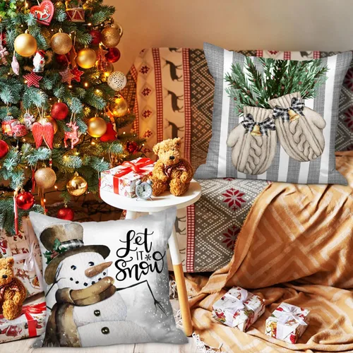 Vista 2 de Lanpn Juego de 4 fundas de almohada navideñas de invierno de 12 x 12 pulgadas, guantes de muñeco de nieve, alce, eucalipto, funda de cojín