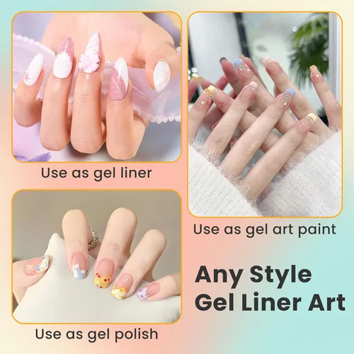 Vista 5 de Juego de 4 esmaltes de gel para arte de uñas, color amarillo, rosa, azul, morado, con pincel fino para arte de uñas en botella, uso con lámpara LED