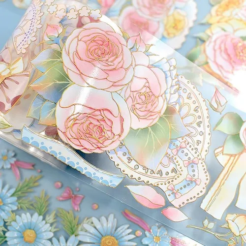 Vista 9 de Cinta washi de rosa para collage original de flores, creatividad, hecha a mano, para libro de diario, material PET con efecto láser (90387)