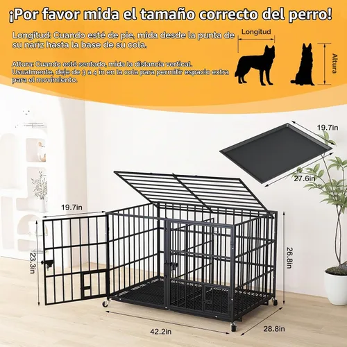 Vista 5 de EZ4ENCE Jaula de Metal para Perros de 42/48/54 Pulgadas para Perros Grandes, Jaula Resistente para Perros de Interior con Panel Divisor, Ruedas