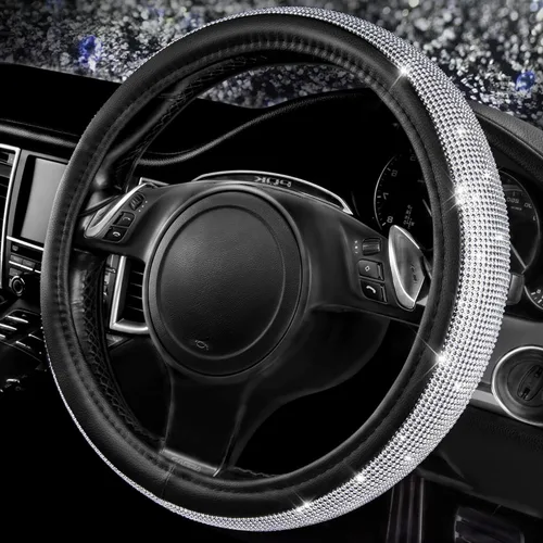 Vista 30 de CAR PASS Funda para volante de cuero beige con diamantes brillantes, cristales blancos brillantes con purpurina y pedrería, ajuste universal de 14