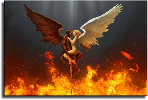 Vista 2 de Leotear Lienzo de arte con alas de ángel y diablo y ángel con plumas blancas y negras, arte de pared, póster impreso en alta definición sobre