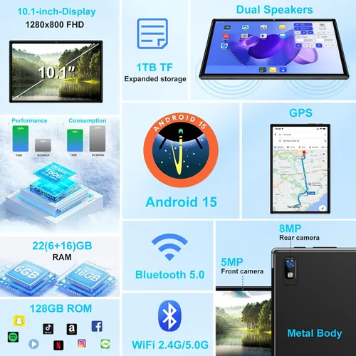 Vista 6 de Tablet 2026, tabletas Android 15 de 10 pulgadas 22GB+128GB+1TB Expand, tableta electrónica 2 en 1 Octa-Core con funda de teclado y mouse, batería
