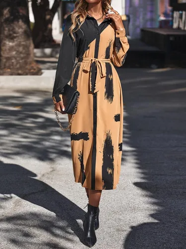 Vista 6 de WDIRARA Vestido maxi camisero con cinturón y botones frontales y estampado de pincel en bloque de color para mujer