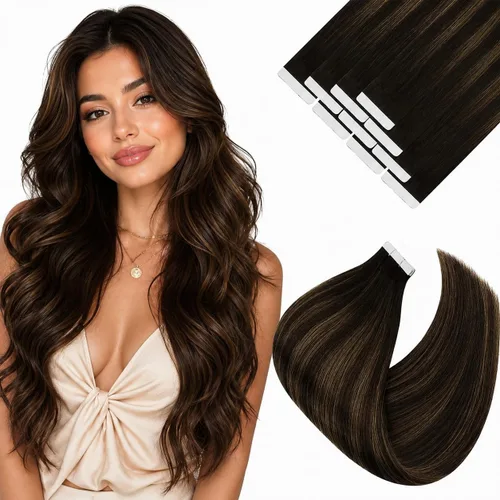 Vista 16 de Ve Sunny Extensiones de cabello humano real con cinta, cabello humano Remy, lacio, doble cara, color marrón oscuro, balayage, rubio dorado oscuro