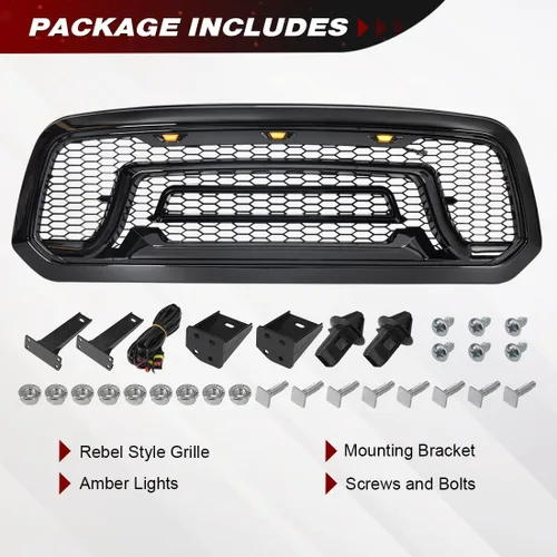 Vista 6 de Rejilla frontal negra brillante compatible con Dodge Ram 1500 2013-2018, Ram 1500 Classic 2019-2023, con luces ámbar (sin letra "RAM")