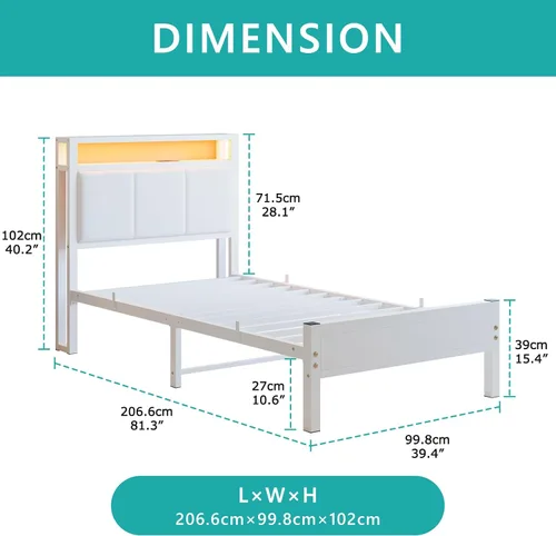 Vista 2 de Base de cama individual con estación de carga y luces LED, cabecera tapizada con estantes de almacenamiento, listones de metal resistentes,