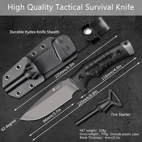 Vista 2 de HX OUTDOORS Cuchillo de Hoja Fija para Acampar con Iniciador de Fuego, Cuchillo de Supervivencia Bushcraft de Acero DC53 Premium con Espiga Completa