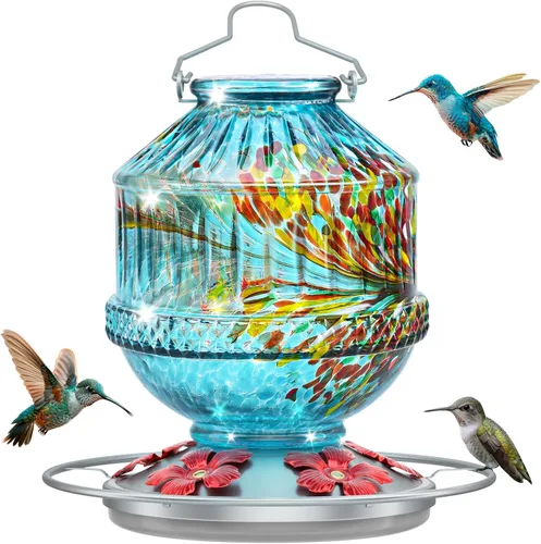 Vista 10 de Comedero de colibrí de vidrio soplado a mano para exteriores, 25 onzas, alimentador de néctar de aves silvestres con perca y 5 puertos