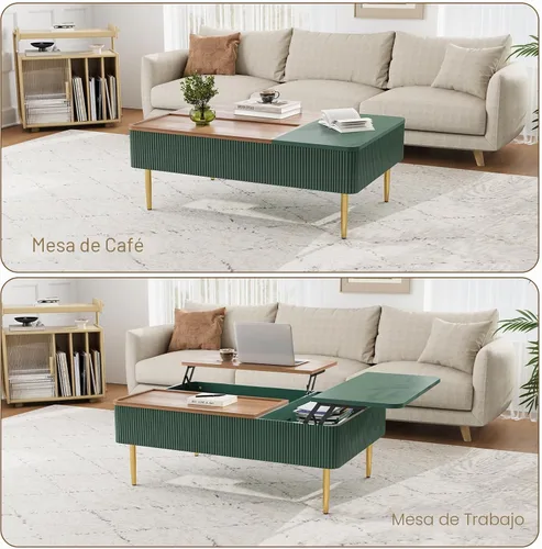 Vista 4 de HLR Mesa de Centro de 47" con Tapa de Elevación Doble y Almacenamiento, Mesa de Centro Moderna de Madera Acanalada con Compartimento Oculto, Mesa