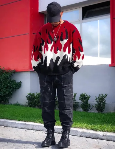 Vista 3 de ZAFUL Y2K - Suéter casual con estampado de llama estética para hombre, suéter de punto holgado, manga larga, cuello redondo