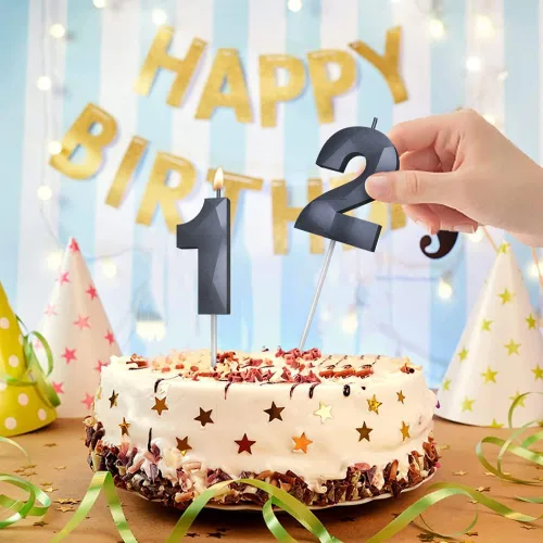 Vista 4 de Velas de cumpleaños con números (0 velas negras), forma de diamante 3D, decoración de pastel de feliz cumpleaños para niños y hombres, cumpleaños