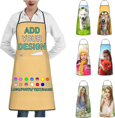 Vista 21 de Delantal personalizado con 2 bolsillos, personalizable con nombre, texto, logotipo, foto, cocina, horneado, delantal de cocina para mujeres y hombres