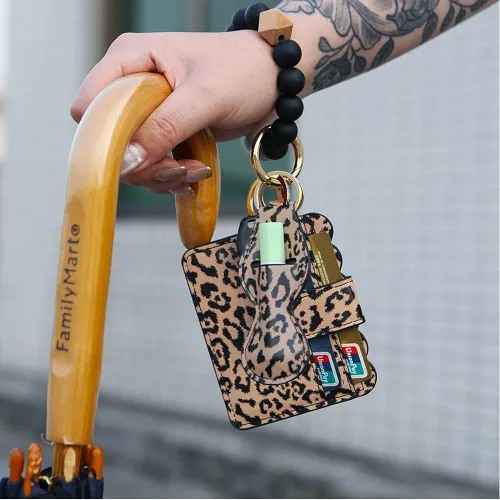 Vista 4 de Llavero Pulsera Llavero Pulsera Silicona Brazalete Billetera Tarjeta Chapstick Holder Leopardo/Negro