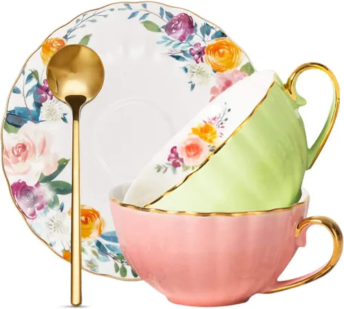 Vista 9 de ONEUSTAR Juego de taza de té y platillo para 1 taza de té floral de porcelana de hueso con cuchara, taza de café de 8 onzas, taza de capuchino latte