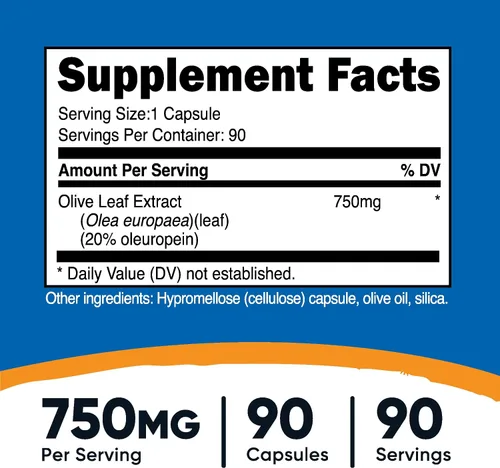 Vista 2 de Nutricost Extracto de hoja de olivo (20% oleuropeína) 750 mg, 90 cápsulas, sin OMG, sin gluten