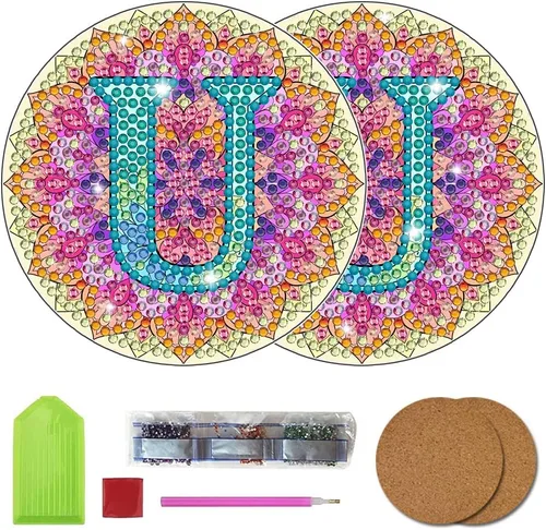 Vista 23 de Bysincy Juego de 2 posavasos de pintura de diamantes de 26 letras A-Z, 5D, arte de diamante, mosaico, alfabeto, kit por número para adultos y niños