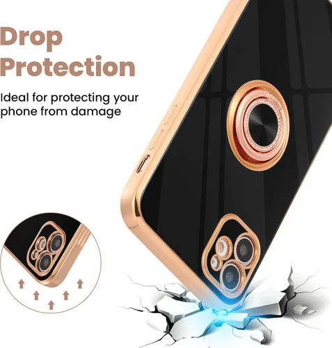 Vista 6 de ZCDAYE Funda para iPhone 12, iPhone 12 con soporte de anillo magnético, borde dorado galvanizado suave TPU a prueba de golpes para iPhone 12 - Negro