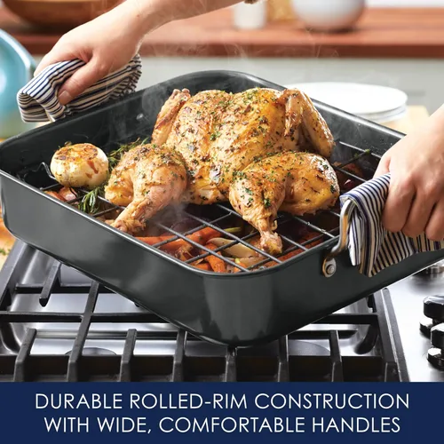 Vista 13 de Rachael Ray Bakeware Asador/Bandeja para Asar Antiadherente con Rejilla Reversible, 16.5 Pulgadas x 13.5 Pulgadas, Gris