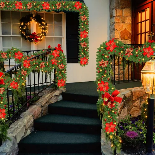 Vista 7 de Guirnalda de Navidad, guirnalda de Navidad con luces, funciona con pilas, 9 pies, de ratán, flores artificiales y vid artificiales de Navidad