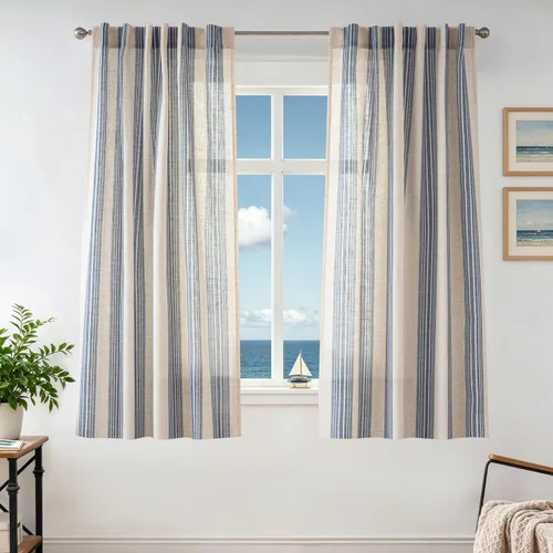 Vista 41 de DriftAway Cortinas de estilo granja con rayas verticales de lino mezclado texturizado con filtro de luz semitransparente para sala de estar