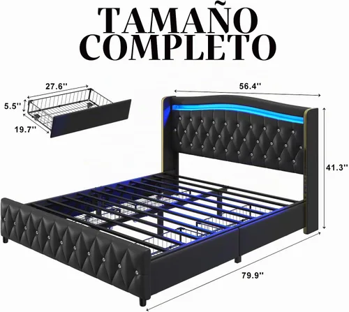 Vista 2 de Marco de cama de tamaño matrimonial, cabecero, 4 cajones de almacenamiento, luces LED, color negro