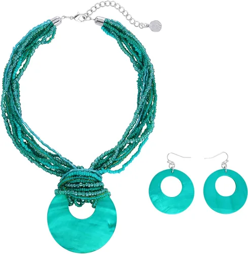 Vista 17 de Coiris Collar de varias vueltas con cuentas coloridas y gran colgante de concha circular para mujer Negro