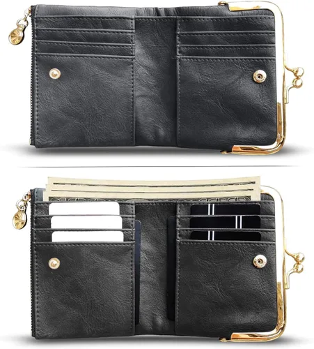 Vista 9 de AOXONEL Cartera para mujer, pequeña, Rfid, compacta, plegable, de piel, vintage, con cremallera y cierre de beso
