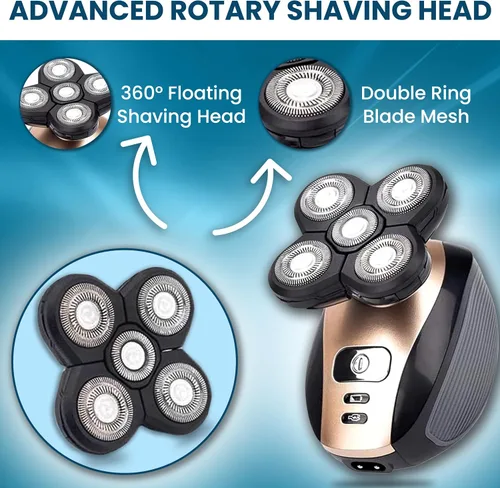 Vista 3 de Afeitadora eléctrica rotativa 5 en 1 para cabeza calva Recortadora de barba recargable 4D e inalámbrica Incluye afeitadora de calavera