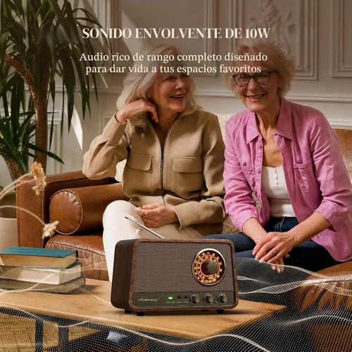 Vista 3 de Radio Bluetooth AM FM de madera vintage, sonido potente de 10 W