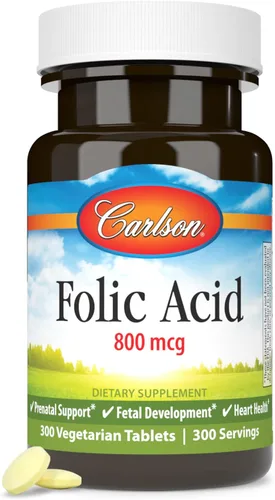 Vista 5 de Carlson Ácido fólico, 800 mcg, soporte prenatal, 300 tabletas Desarrollo fetal; vitamina B importante para mujeres embarazadas