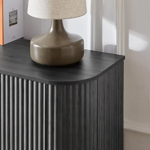 Vista 6 de Aparador de buffet de 64 pulgadas con almacenamiento, moderna credenza acanalada con estantes ajustables, mesa consola de barra de café de madera