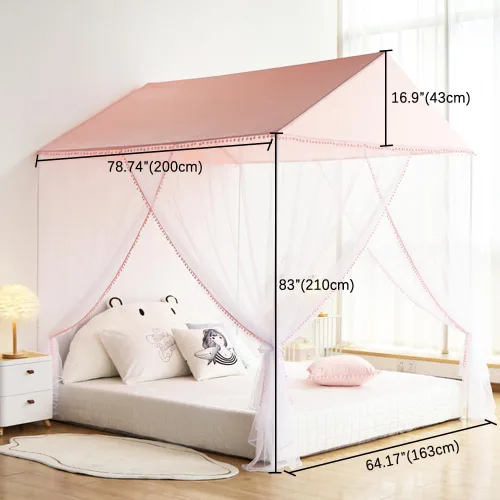 Vista 7 de Akiky Mosquitera para niñas con castillo de princesa pompón para interiores y exteriores, red para cama para niños, no incluye postes de cama Rosa