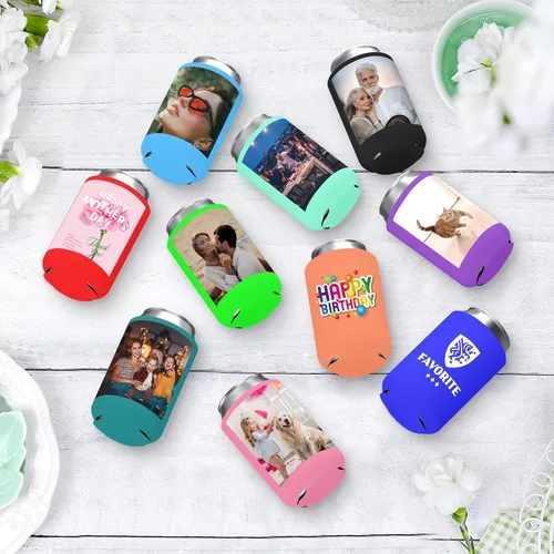 Vista 5 de Valyria Fundas enfriadoras de latas personalizadas, 1 unidad, plegable, aislante, soporte para bebidas con logotipo, imagen, texto para aniversario