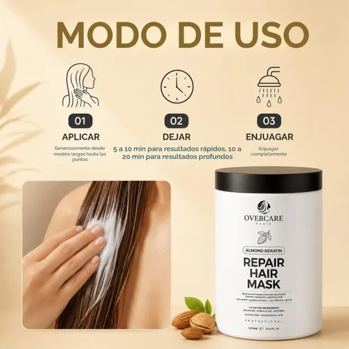 Vista 9 de OVERCARE Mascarilla capilar de queratina de almendras para cabello seco dañado, tratamiento reparador de acondicionamiento profundo para cabello