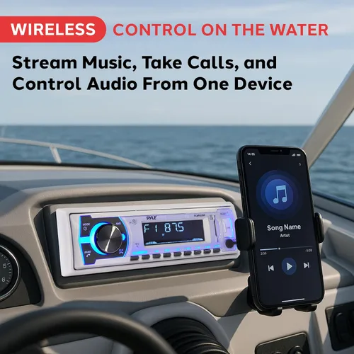 Vista 2 de Pyle Marine Bluetooth Estéreo Radio - Sistema de Receptor de Radio para Barco de 12v Estilo DIN Único en el salpicadero con Micrófono Integrado, LCD