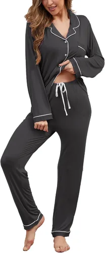 Vista 13 de Juego de pijama con botones para mujer, de manga larga, ropa de dormir suave, conjunto de ropa de descanso, tallas XS-XXL bean paste