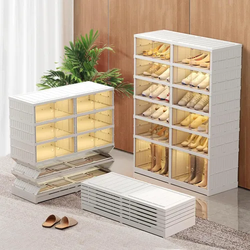 Vista 8 de CIMLORD Zapatero plegable de 3 niveles para armario, 12 pares de estantes de plástico para zapatos, caja de almacenamiento plegable para zapatos