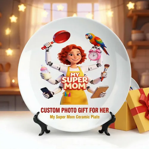 Vista 9 de Plato de cena personalizado de cerámica con foto personalizada con imagen, texto, logotipo, regalos del día de la madre para mamá, regalos