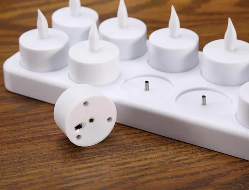 Vista 6 de WoneNice, Velas de té recargables (no necesitan baterías) con sostenedor esmerilado, base color blanca, Plástico, Blanco, Juego de 12
