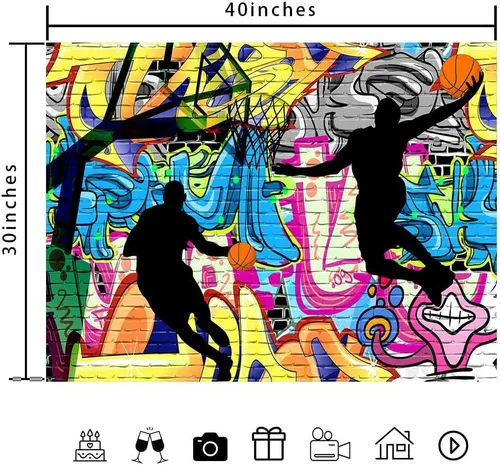 Vista 5 de Ine Ive Tapiz deportivo de baloncesto con graffiti nostálgico, póster de pared de arte callejero de 40 x 30 pulgadas para niños, silueta de tiro